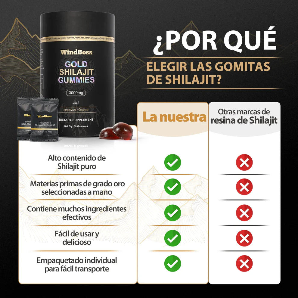 🏔️✨ WindBoss Gold Shilajit Gummies – 80 Gomas✨🏔️: Más energía, más resistencia, más virilidad.